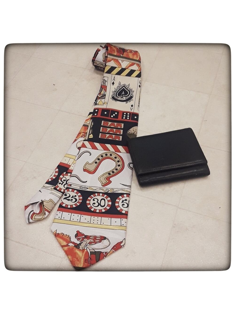 DIMODA Men's Vintage Necktie Casino Gambling Costume White Black Red Accessories